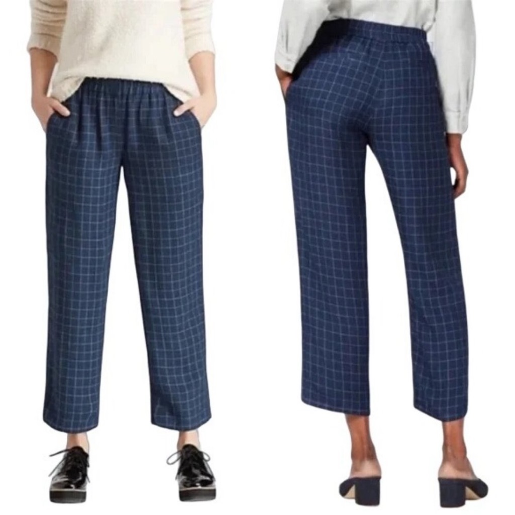 Eileen Fisher Straight Leg Crop Pants Navy Check Tussah Silk Sz S/P